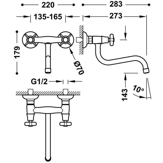 Bateria zlewozmywakowa stojąca ścienna Górną 273 mm (do ściany) Złoto 24K TRES 24231001OR