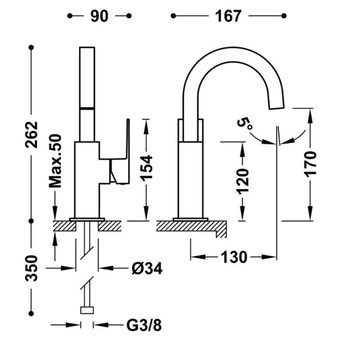 Bateria umywalkowa wylewka 22x22 mm Matowa czerń TRES 00660502NM