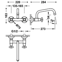 Bateria zlewozmywakowa stojąca ścienna Górną 273 mm (do ściany) Mosiądz z efektem postarzenia matowy TRES 24221501LM