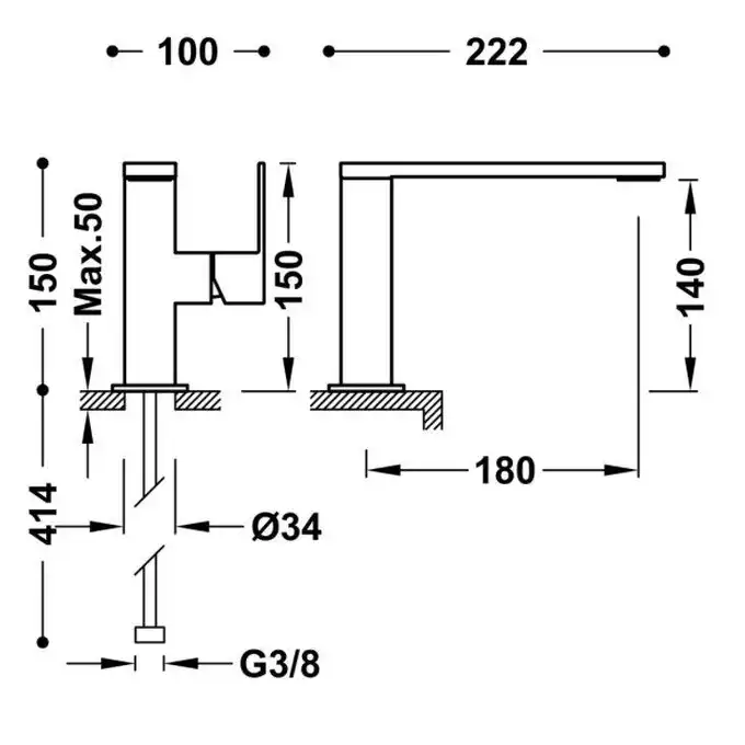 Bateria umywalkowa wylewka 34x10 mm Matowa czerń TRES 00620501NM