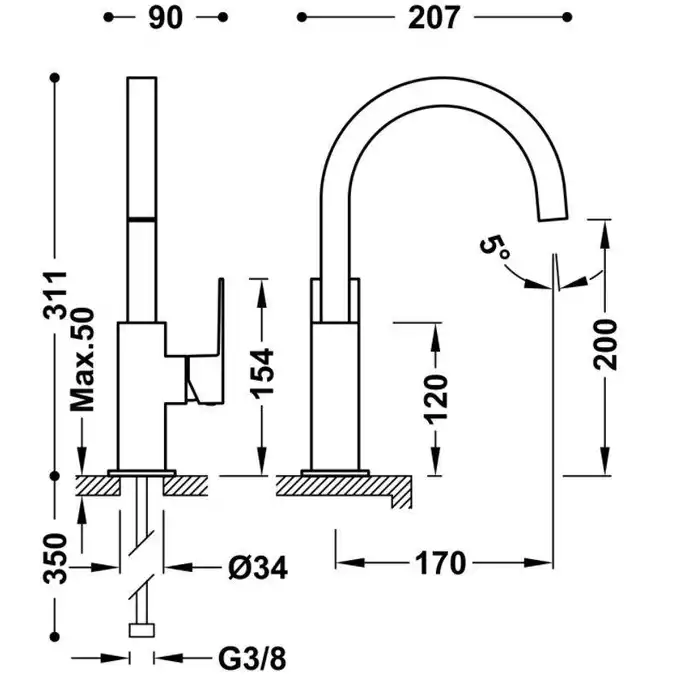 Bateria umywalkowa wylewka 22x22 mm Matowa czerń TRES 00660602NM