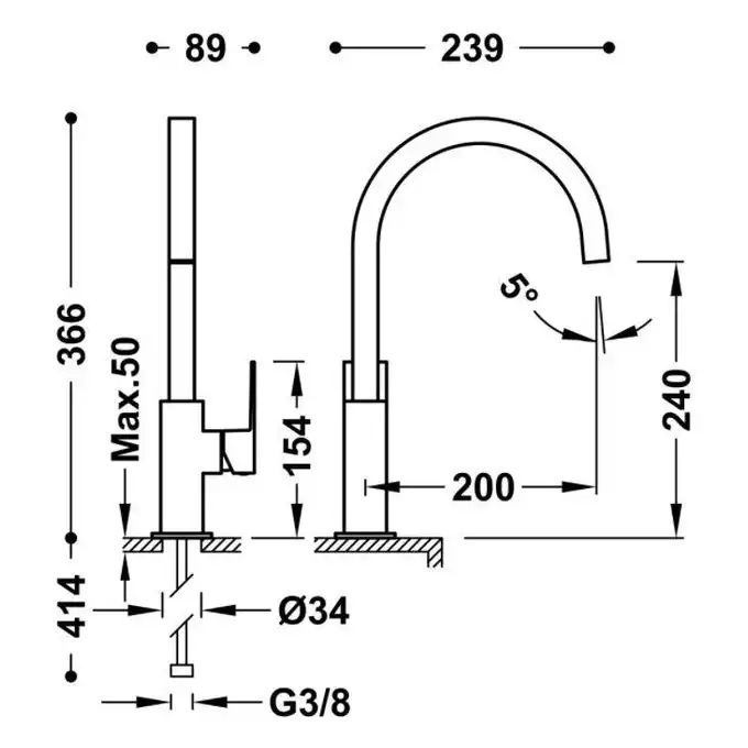 Bateria umywalkowa wylewka 22x22 mm Matowa czerń TRES 00660702NM