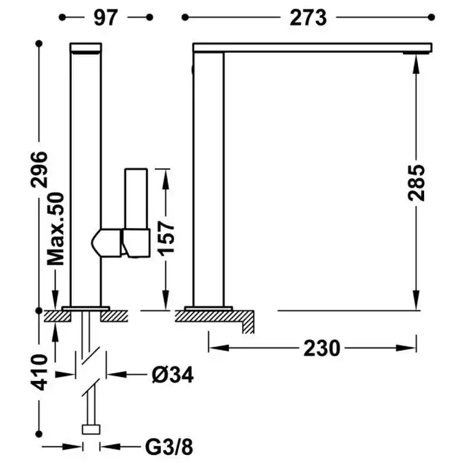 Bateria umywalkowa wylewka 34x10 mm Stal TRES 21140501AC