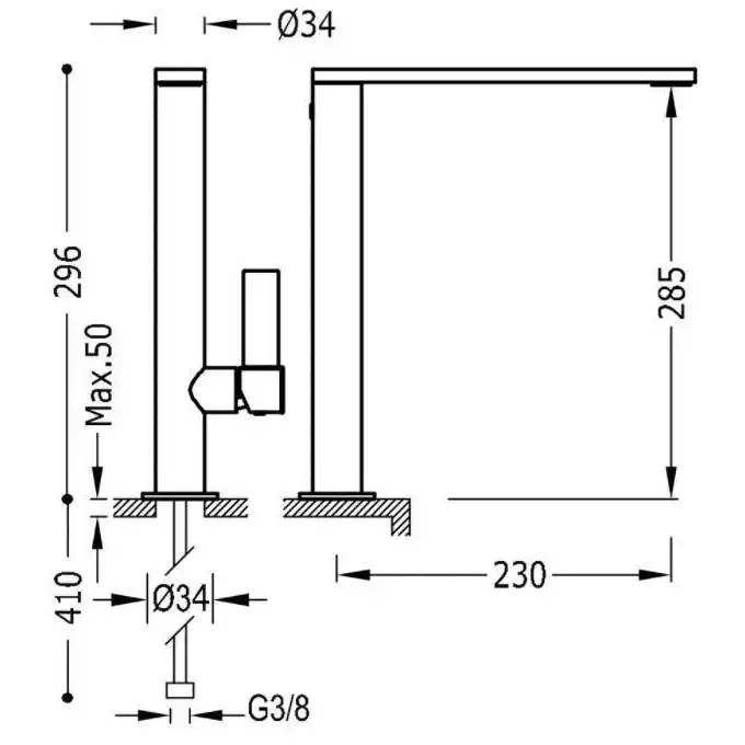 Bateria umywalkowa wylewka 34x10 mm 24-karatowe różowe złoto TRES 21140501OP