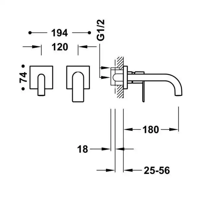 Bateria podtynkowa umywalkowa, wylewka 180 mm Matowa czerń TRES 20030001NM