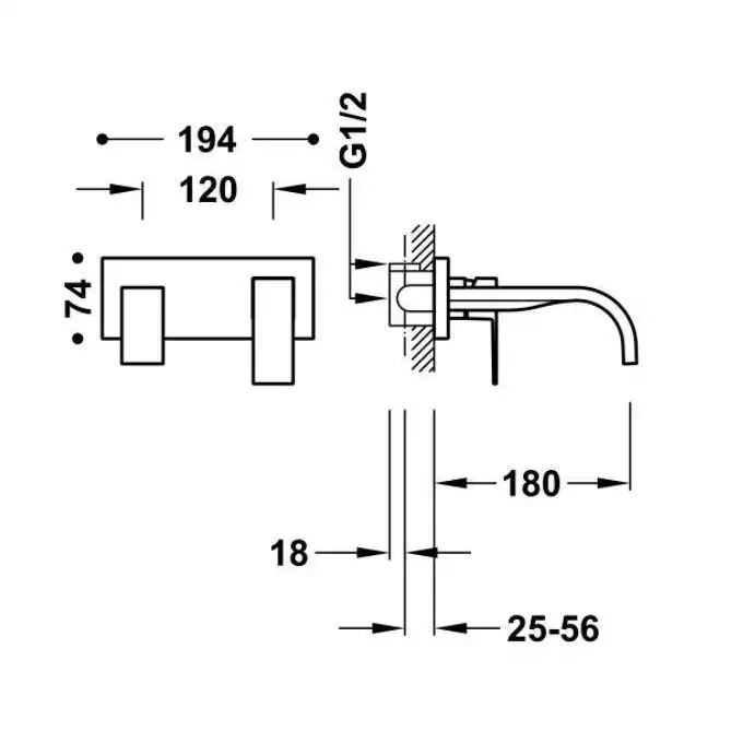 Bateria podtynkowa umywalkowa, wylewka 180 mm Matowa czerń TRES 00630011NM