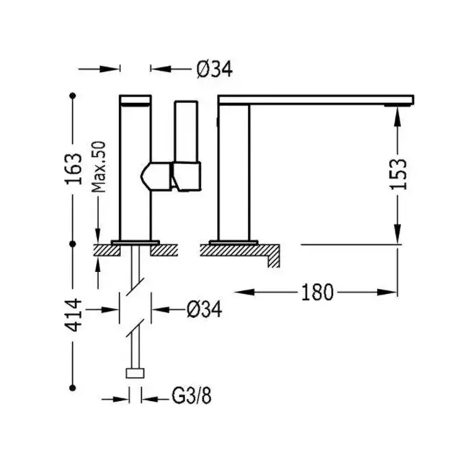 Bateria umywalkowa wylewka 34x10 mm 24-karatowe różowe złoto TRES 21120501OP