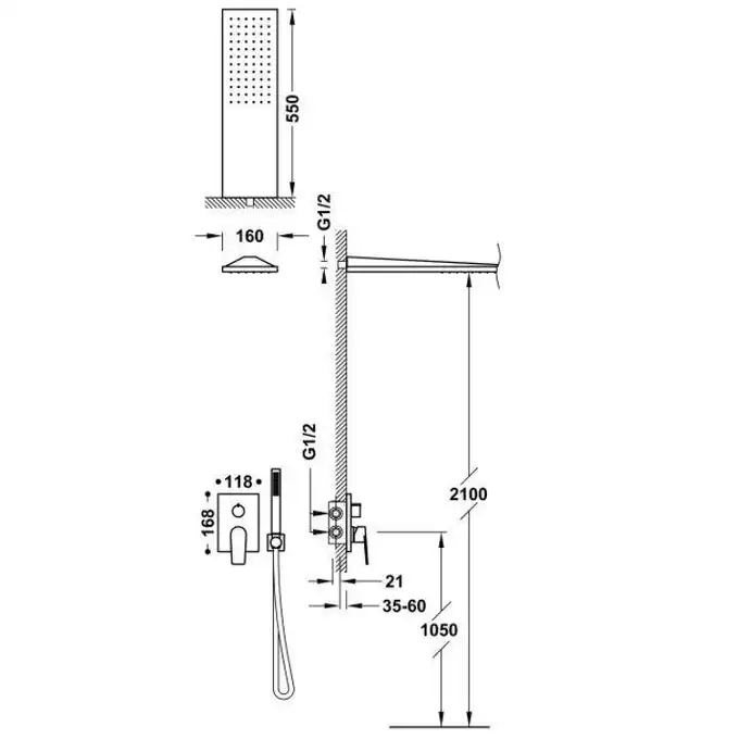 Zestaw natryskowy z baterią podtynkową Rapid-Box z regulacją strumienia 160x550 mm Stal TRES 21128005AC