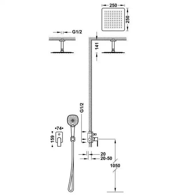 Zestaw natryskowy z baterią podtynkową z regulacją strumienia 250x250 mm Chrom TRES 20018009