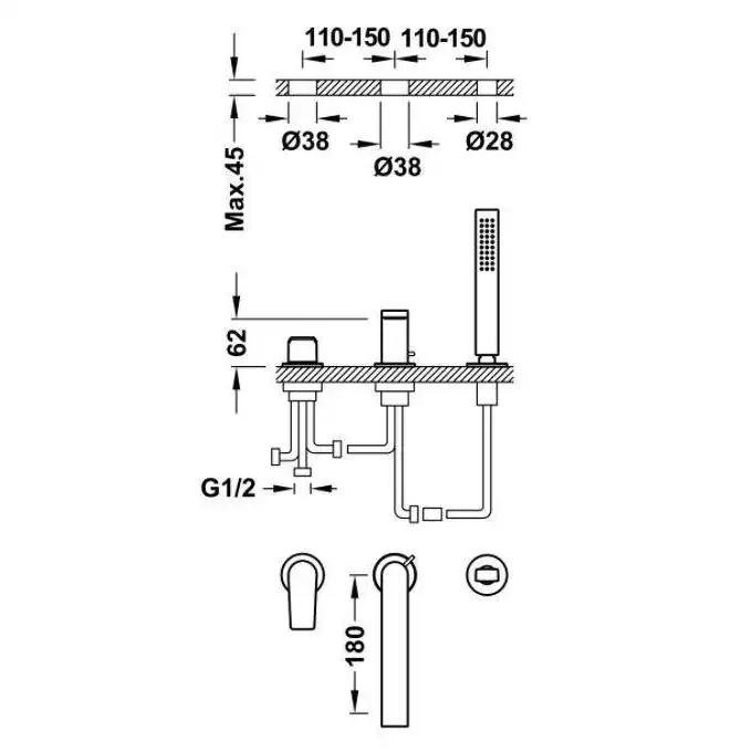 Bateria wannowa trzyotworowa z słuchawka antical, wylewka 180 mm Czerń metalizowana szczotkowana TRES 21116101KMB