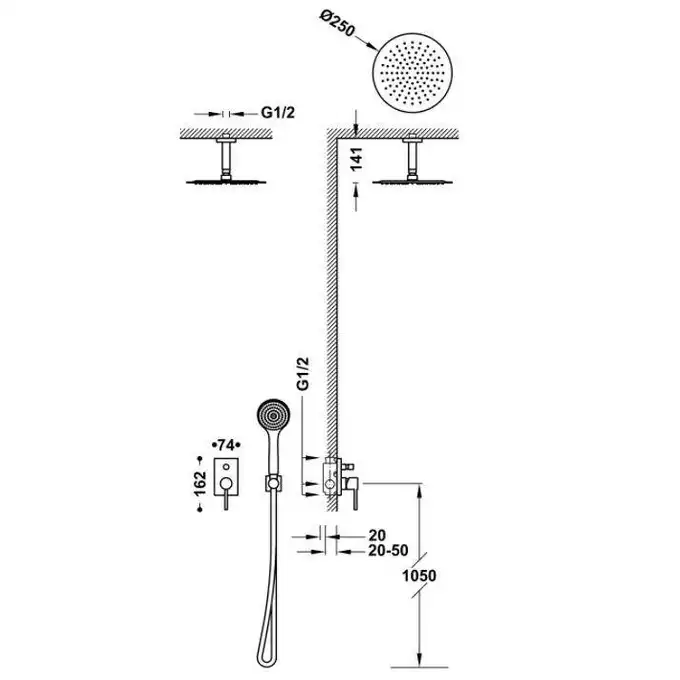 Zestaw natryskowy z baterią podtynkową z regulacją strumienia Ø 250 mm Chrom TRES 06218081