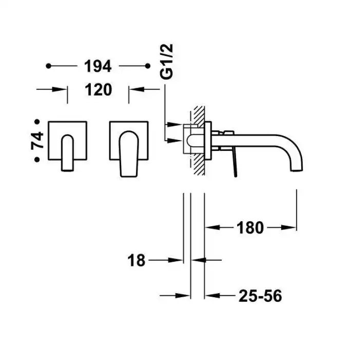 Bateria podtynkowa umywalkowa, wylewka 180 mm Stal TRES 21130001AC