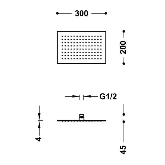 Natrysk sufitowy ze stali nierdzewnej z kolankiem. Mosiężny 300x200 mm Stal TRES 134315007AC