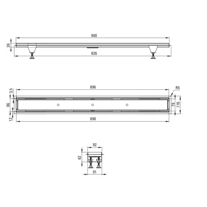 Odpływ liniowy odwracalny ruszt pod płytki/pełny długość 90 cm, Syfon H65 DEANTE KOS_009D