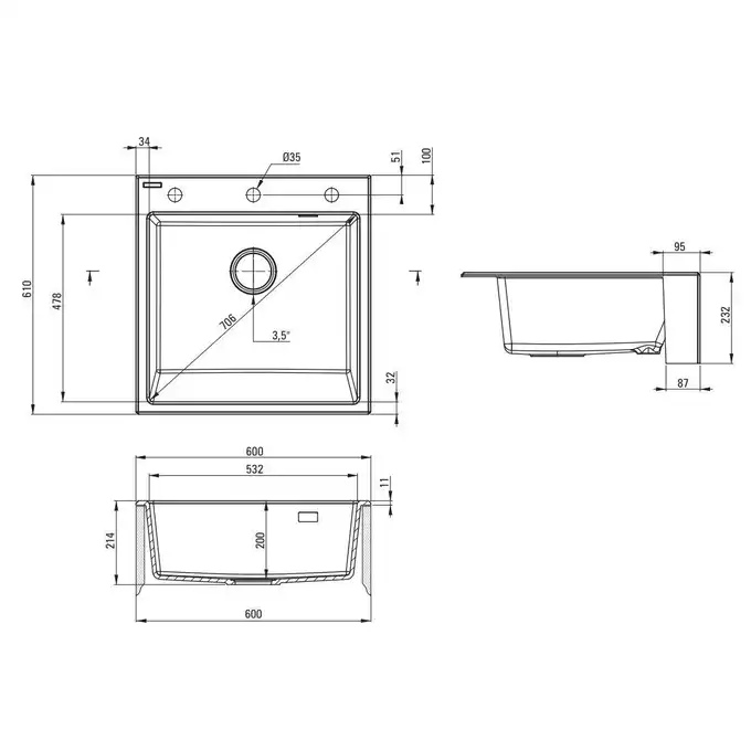 Zlewozmywak ERIDAN farmerski szary metalik granit 1-komorowy 600x610x214, 3,5&quot; + osprzęt SPACE SAVER LUX DEANTE ZQE_S10K