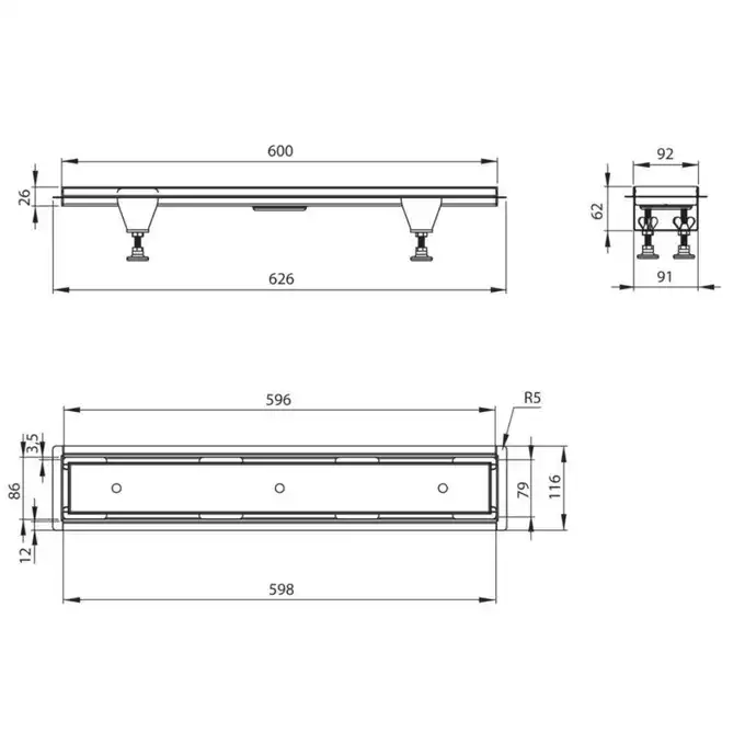 Odpływ liniowy odwracalny ruszt pod płytki/pełny długość 60 cm, Syfon H65 DEANTE KOS_006D