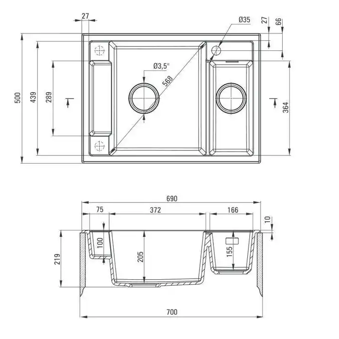 Zlewozmywak MAGNETIC nero granit 1,5K 690X500X219mm + osprzęt SPACE SAVER nero DEANTE ZRM_N503