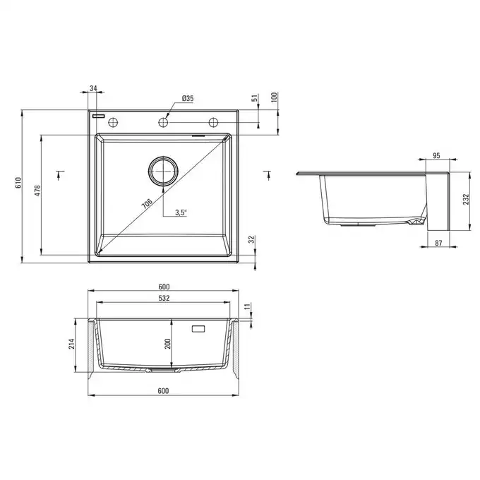 Zlewozmywak ERIDAN farmerski grafit metalik granit 1-komorowy 600x610x214, 3,5&quot; + osprzęt SPACE SAVER LUX DEANTE ZQE_G10K