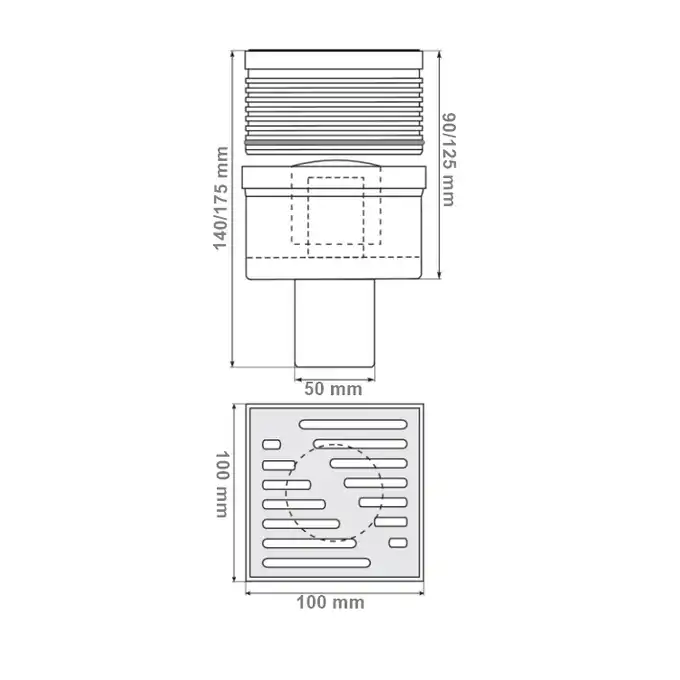 Kratka kanalizacyjna 100 mm prosta regulowana 90/125 mm Hydroland KR.REG.50.10X10.D.NI.SZ szara