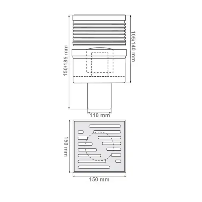 Kratka kanalizacyjna 150 mm prosta regulowana 105/140 mm Hydroland KR.REG.110.15X15.D.NI.SZ szara