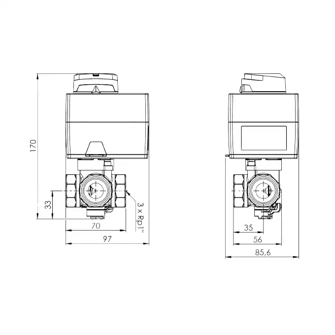 Zestaw regulacyjny Afriso ProClick 1338454 3-drogowy obrotowy zawór mieszający ARV 384 Vario ProClick DN25 Rp1&quot; Kvs 4,5 - 12 m3/h + siłownik elektryczny ARM 343 ProClick