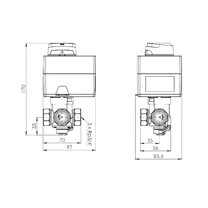 Zestaw regulacyjny Afriso ProClick 1338254 3-drogowy obrotowy zawór mieszający ARV 382 Vario ProClick DN20 Rp3/4&quot; Kvs 3,5 - 9 m3/h + siłownik elektryczny ARM 343 ProClick