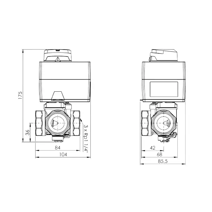 Zestaw regulacyjny Afriso ProClick 1338554 3-drogowy obrotowy zawór mieszający ARV 385 Vario ProClick DN32 Rp1 1/4&quot; Kvs 7,5 - 19 m3/h + siłownik elektryczny ARM 343 ProClick